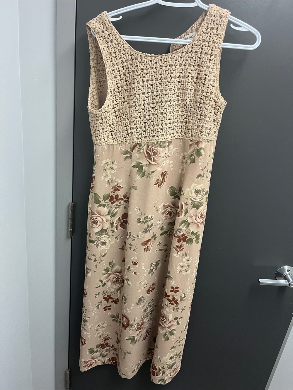 Sleeveless Beige Floral Crochet Bodice Dress